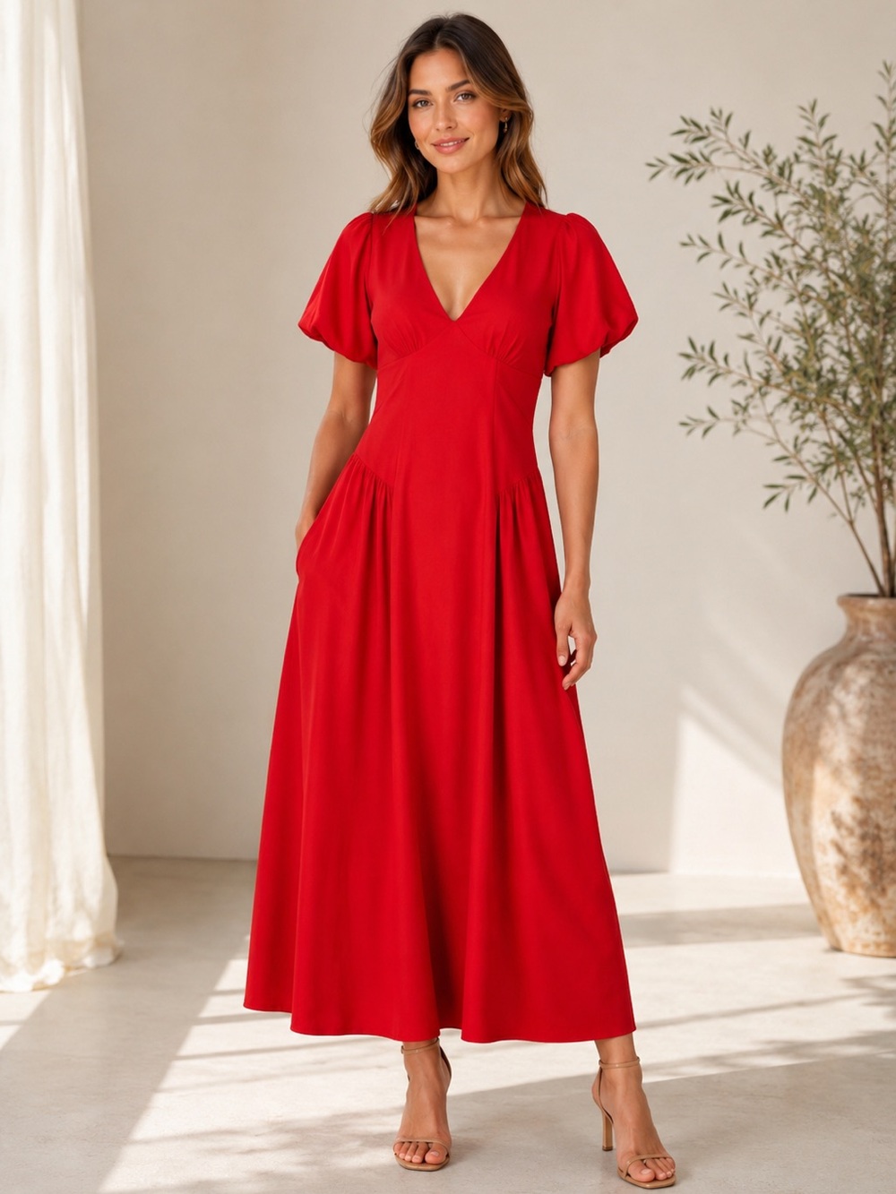 Antonio Melani Kiara Red Puff Sleeve A-Line Maxi Dress 8 NWT